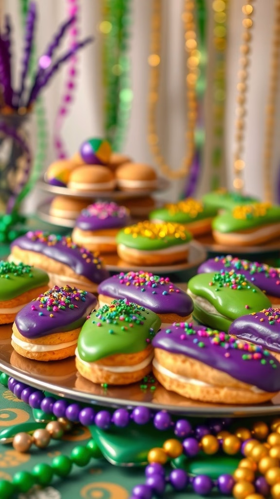 Colorful purple, green, and gold eclairs decorated with sprinkles for Mardi Gras.