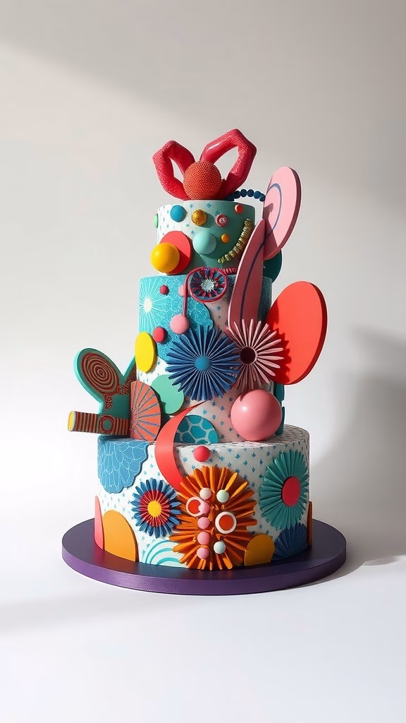 A colorful and artistic multi-tiered cake decorated with playful shapes, patterns, and vibrant colors.