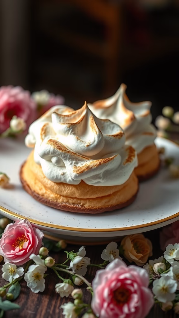 A beautifully plated Queen of Puddings dessert topped with toasted meringue, garnished with flowers.