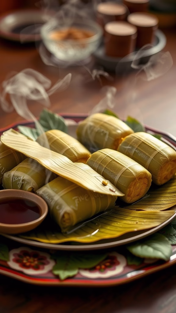 A plate of Quimbolitos, traditional Ecuadorian steamed sweet corn cakes, wrapped in banana leaves.
