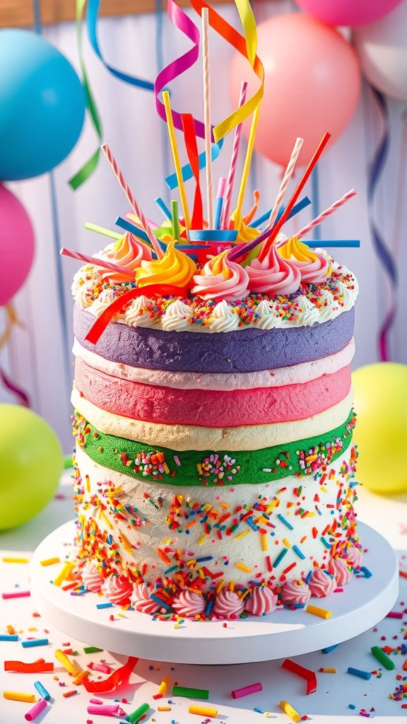 A colorful Rainbow Explosion Cake with sprinkles, candy canes, and festive decorations.