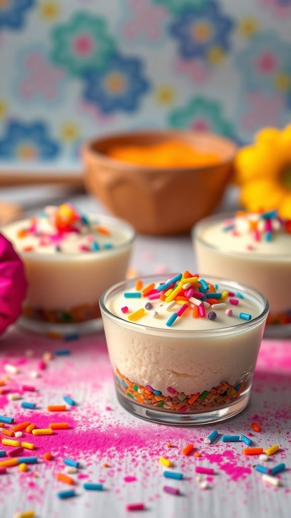 Rasgulla cheesecake cups topped with colorful sprinkles, perfect for Holi.