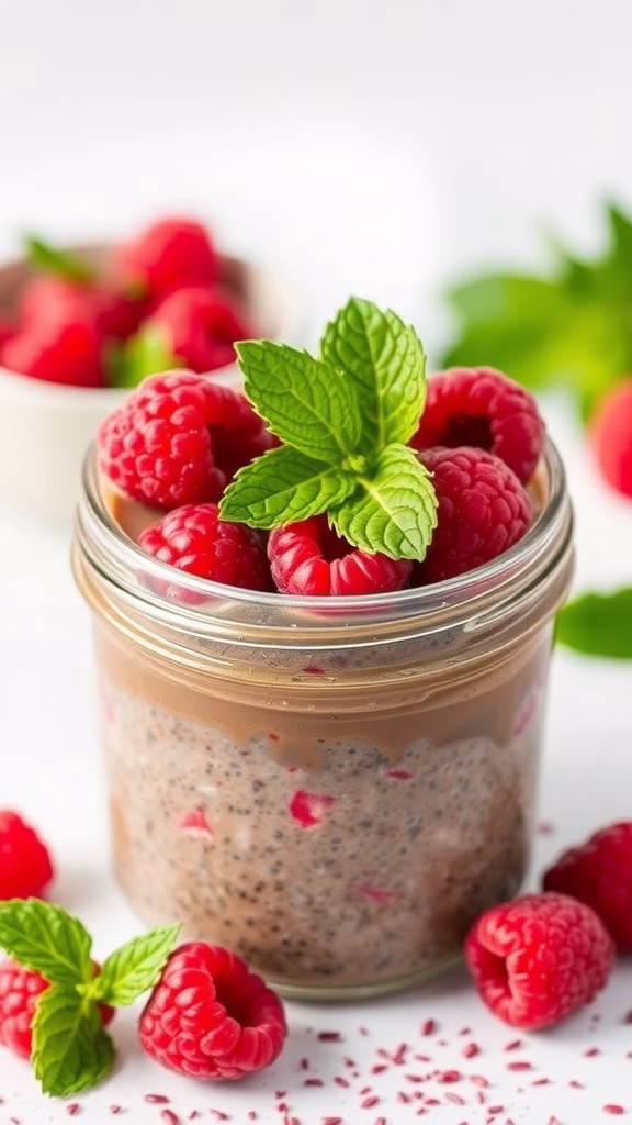 A jar of Raspberry Chocolate Chia Pudding topped with fresh raspberries and mint.
