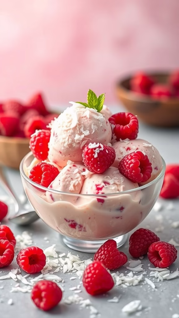 A bowl of homemade raspberry coconut ice cream garnished with fresh raspberries and mint leaves.