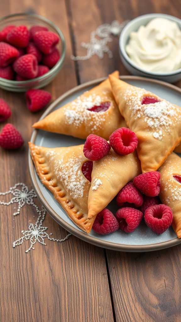 Delicious raspberry cream cheese turnovers served with fresh raspberries and whipped cream