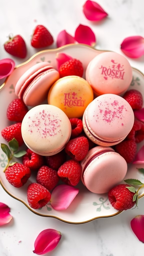 A plate of Raspberry Rose Macarons surrounded by fresh raspberries and rose petals.