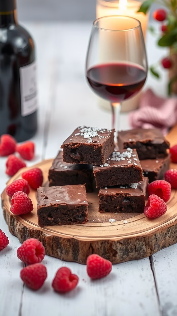 Delicious raspberry truffle brownies on a wooden platter with raspberries and a glass of red wine.