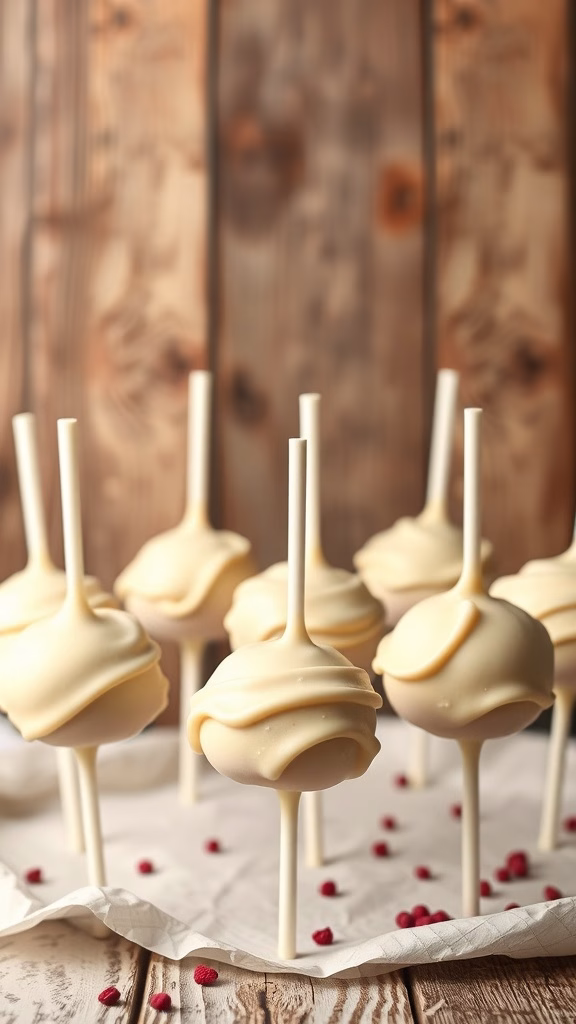 Red velvet cake pops with cream cheese frosting displayed on a wooden table.