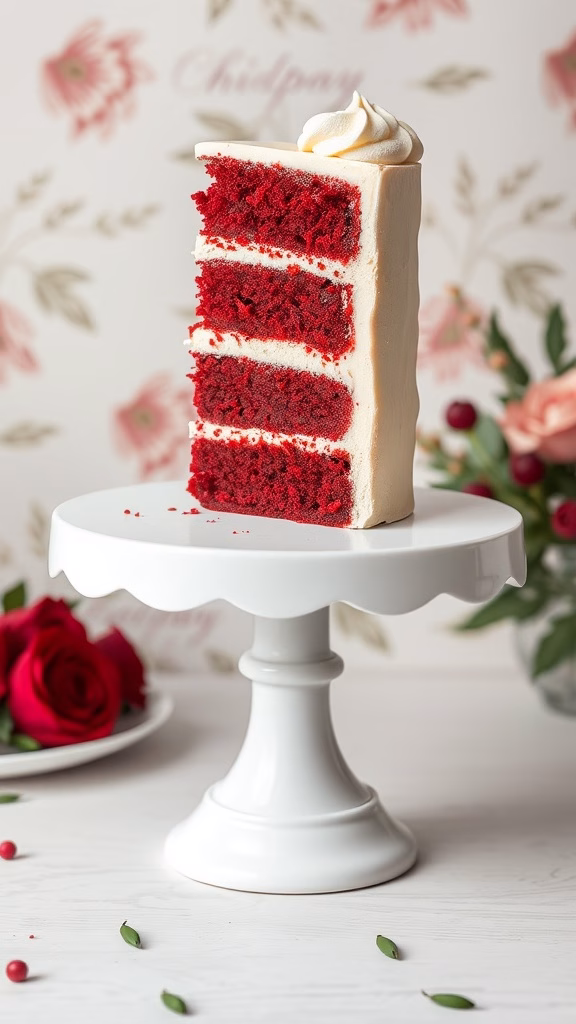 A beautifully layered red velvet cake with cream cheese frosting, displayed on a white cake stand.