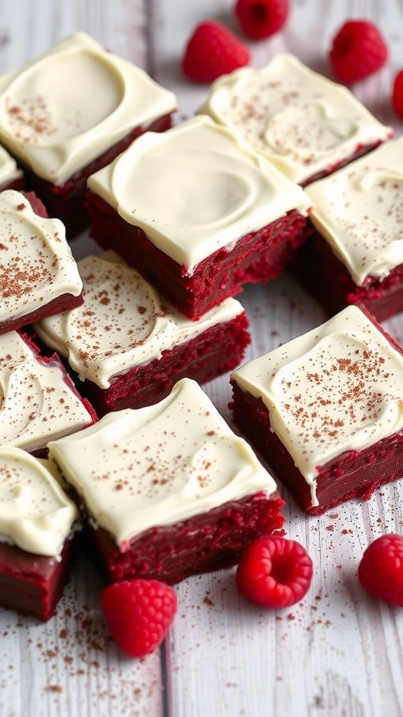 Delicious red velvet cream cheese brownies cut into squares with cream cheese frosting on top.