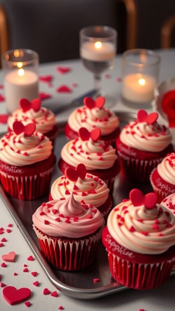 Delicious red velvet cupcakes with cream cheese frosting, decorated with heart shapes for Valentine's Day.