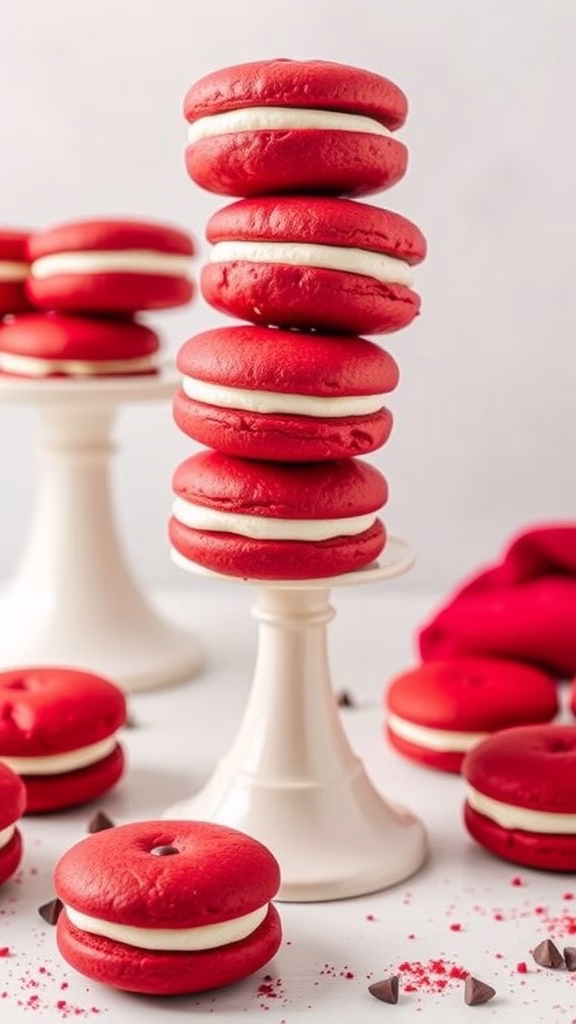 Red velvet whoopie pies stacked on a cake stand