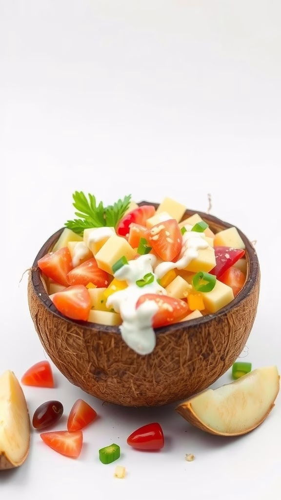 Buko salad with fruits served in a coconut shell