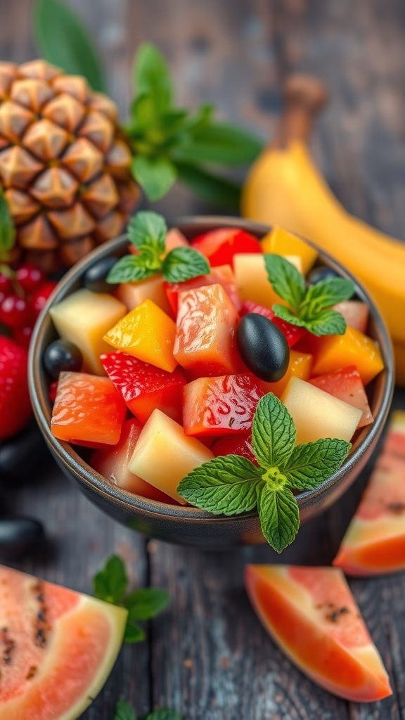 A bowl of colorful nungu fruit salad with diced fruits and mint leaves.