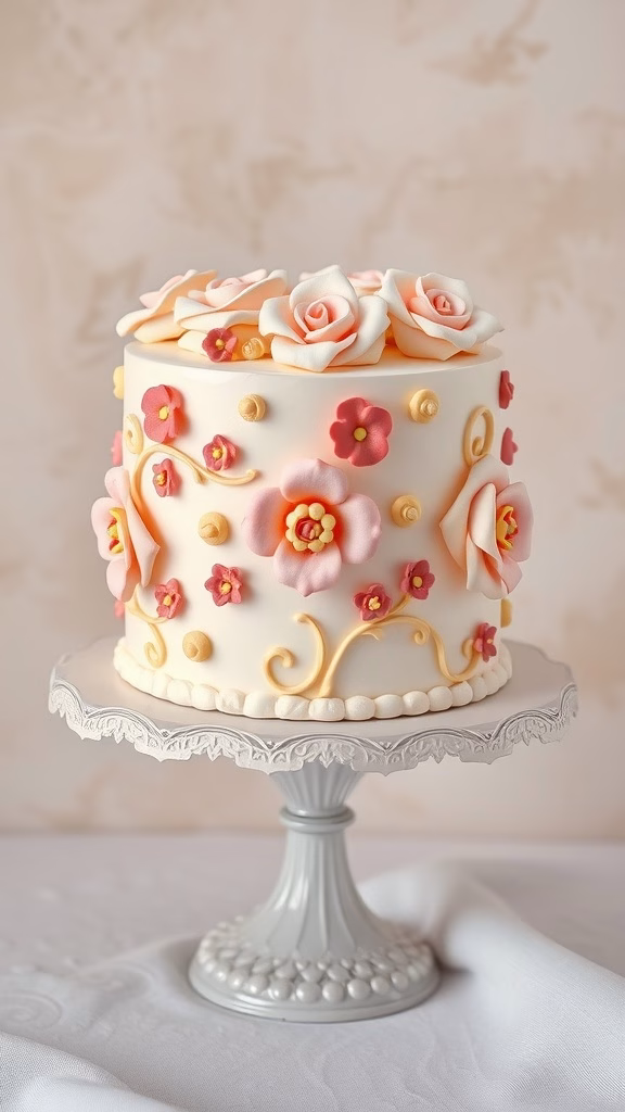 A beautifully designed retro vintage piping cake with roses and flowers, displayed on a decorative stand.