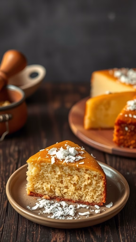 Revani semolina cake with a slice taken out, topped with shredded coconut.