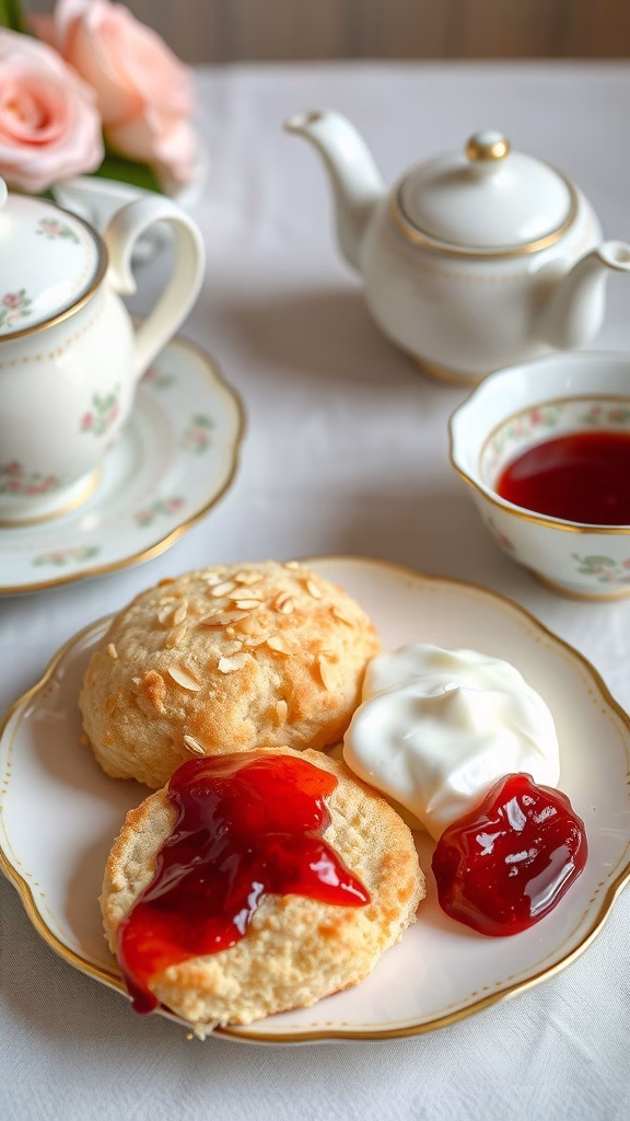 Plate of rich almond scones topped with jam and cream.