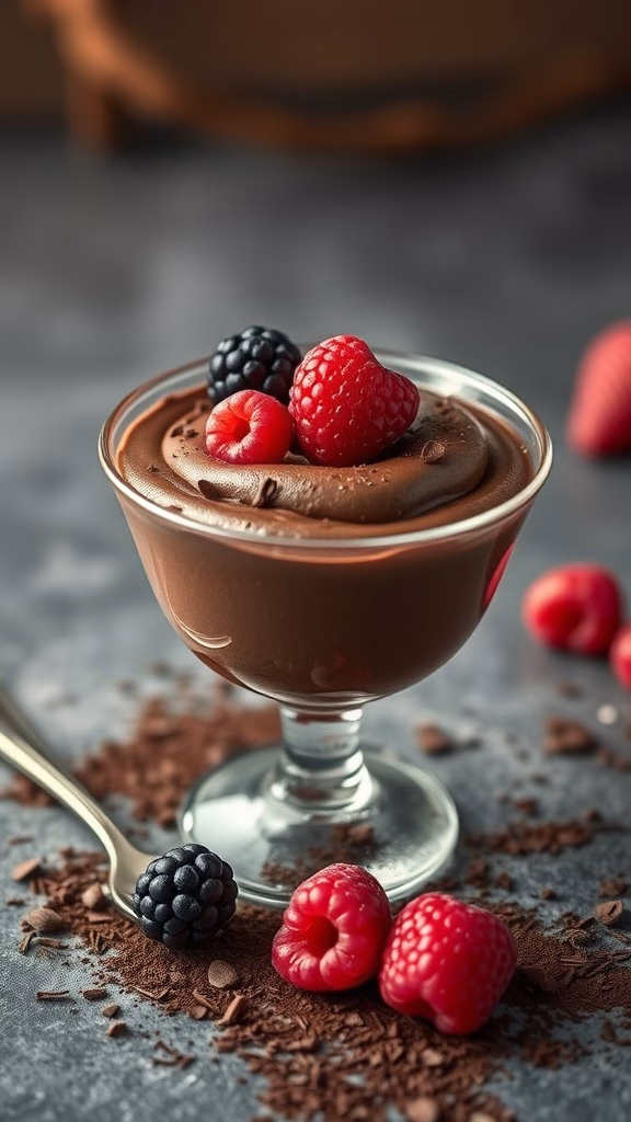 A serving of rich chocolate mousse topped with fresh berries.