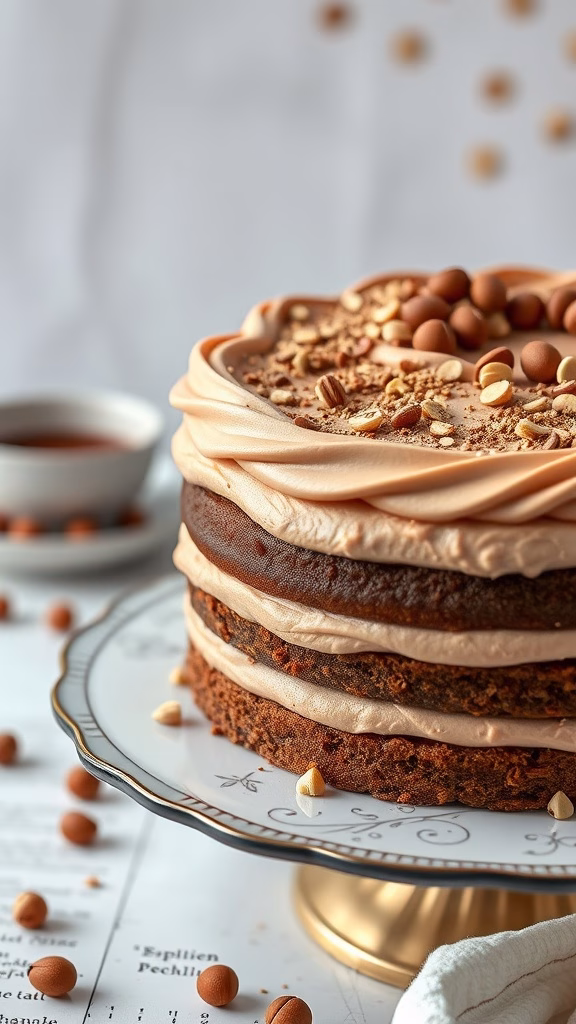 Rich coffee and hazelnut cake with layers and frosting
