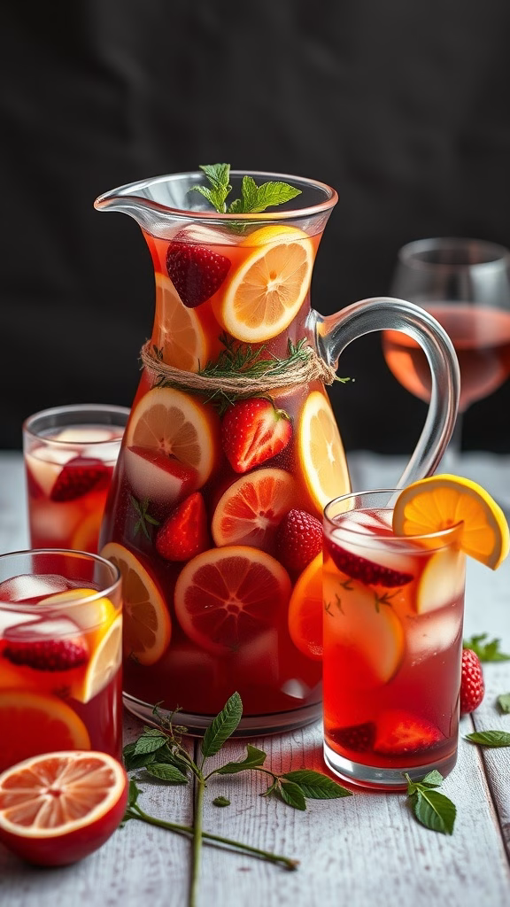 A pitcher of romantic rosé sangria with strawberries and lemon slices.