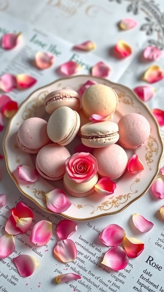 A plate of rose petal macarons surrounded by rose petals.