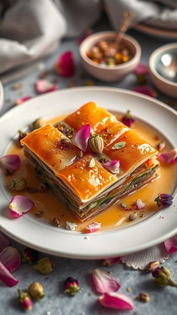 A beautifully layered piece of rosewater and pistachio baklava, garnished with edible flowers and surrounded by petals.