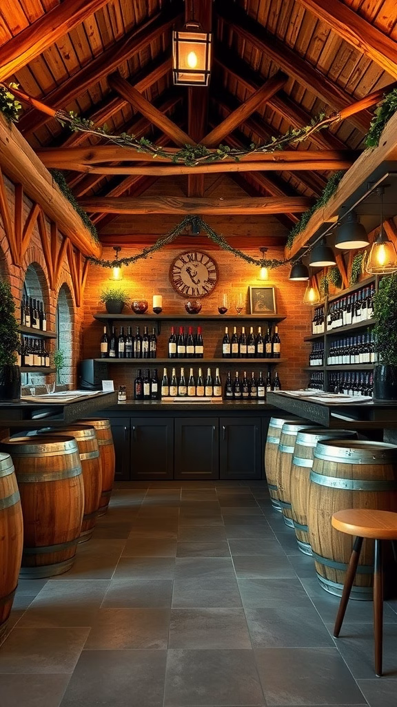A rustic vineyard-inspired wine bar with wooden barrels, soft lighting, and shelves of wine bottles.