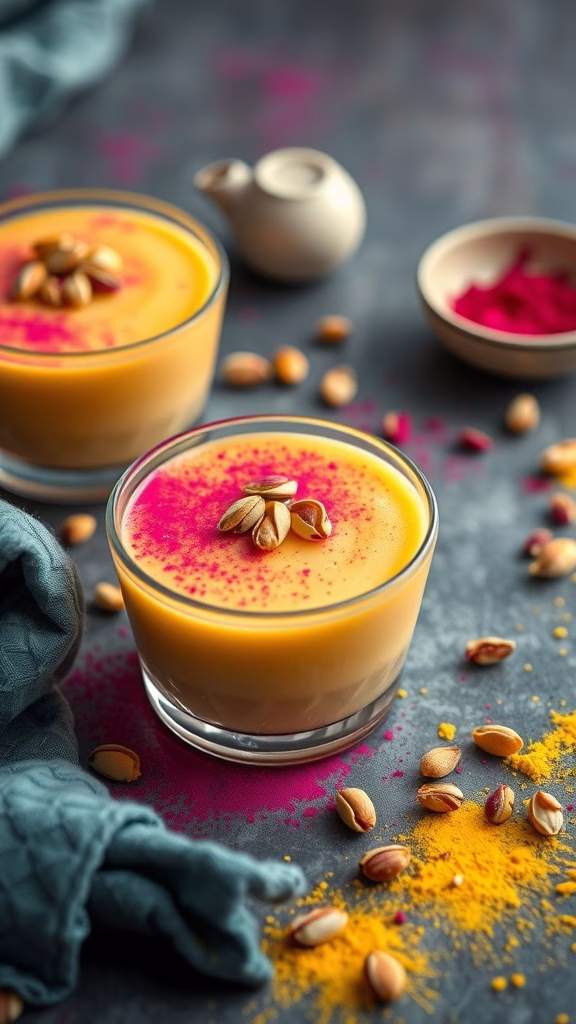 A creamy saffron and cardamom pudding garnished with pistachios and rose petals