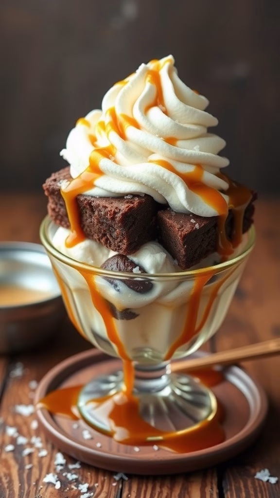 A delicious salted caramel brownie sundae with whipped cream and caramel drizzle.