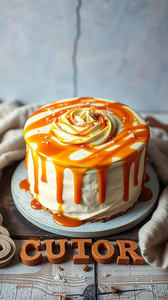 A beautifully frosted cake with salted caramel buttercream and dripping caramel sauce