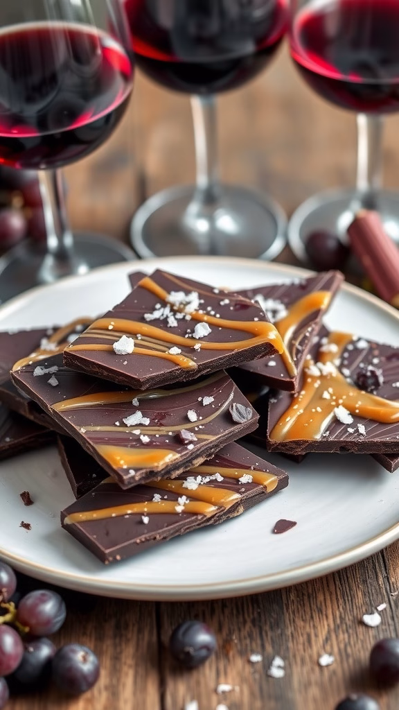 Salted caramel dark chocolate bark topped with sea salt.