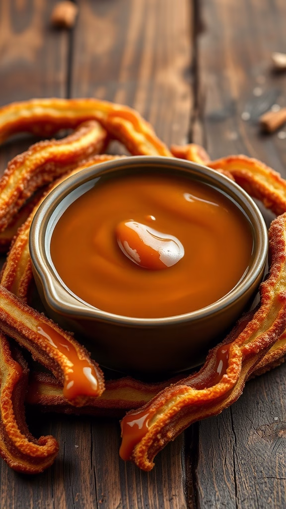 A bowl of salted caramel sauce surrounded by churros.