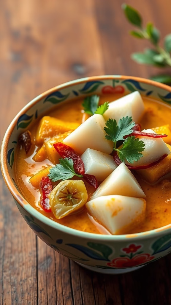 A bowl of savory buko curry with coconut meat and colorful vegetables.