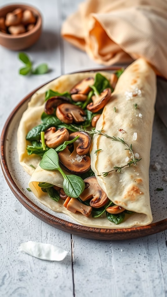 Plate of savory mushroom and spinach crepes