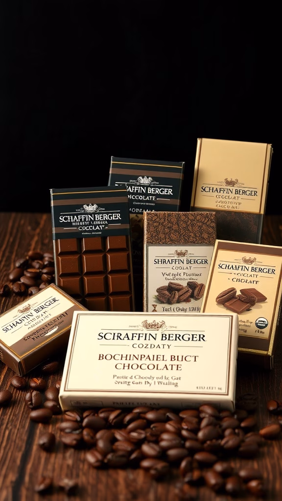 An assortment of Scharffen Berger chocolate bars and boxes displayed with coffee beans in the background.