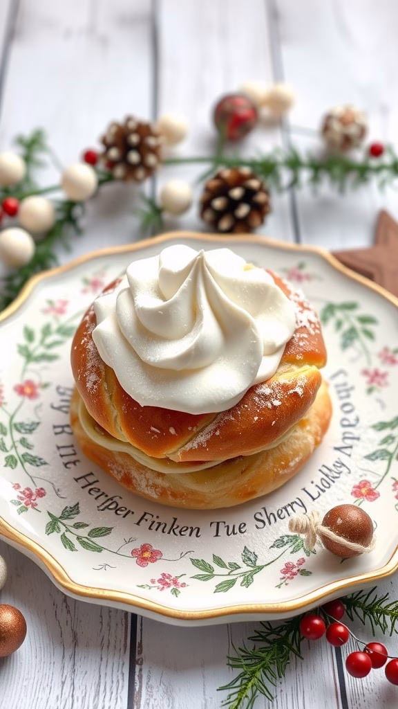 Delicious semlor pastry topped with whipped cream on a decorative plate.