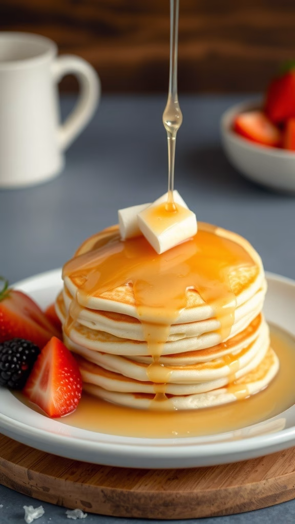 Delicious stack of Serabi pancakes topped with syrup and fresh fruits.