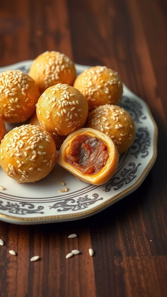 A plate of deliciously golden sesame balls with a crispy exterior and a sweet red bean filling.