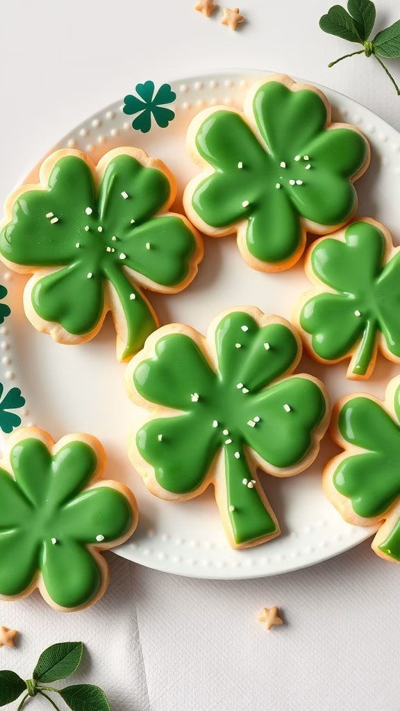 Shamrock sugar cookies decorated with green icing and sprinkles