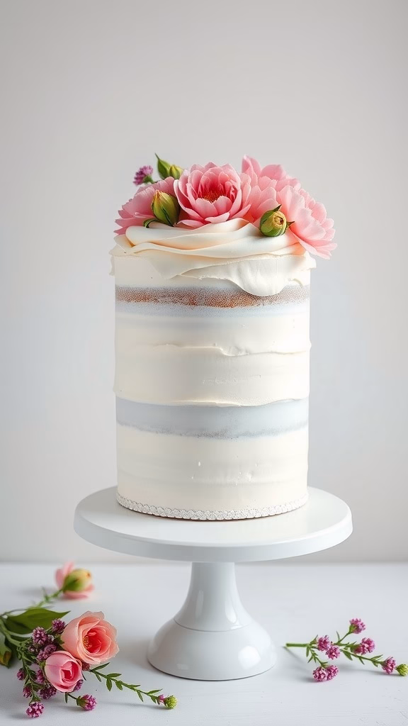 A sleek white buttercream layered cake topped with pink flowers, showcasing modern cake design.