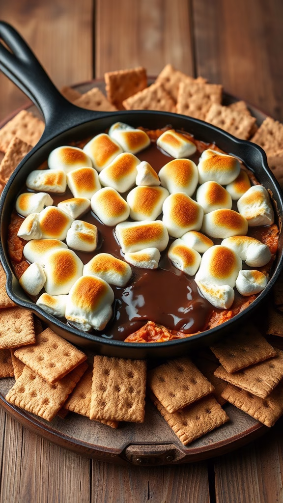 A warm S’Mores dip with toasted marshmallows and graham crackers for dipping.