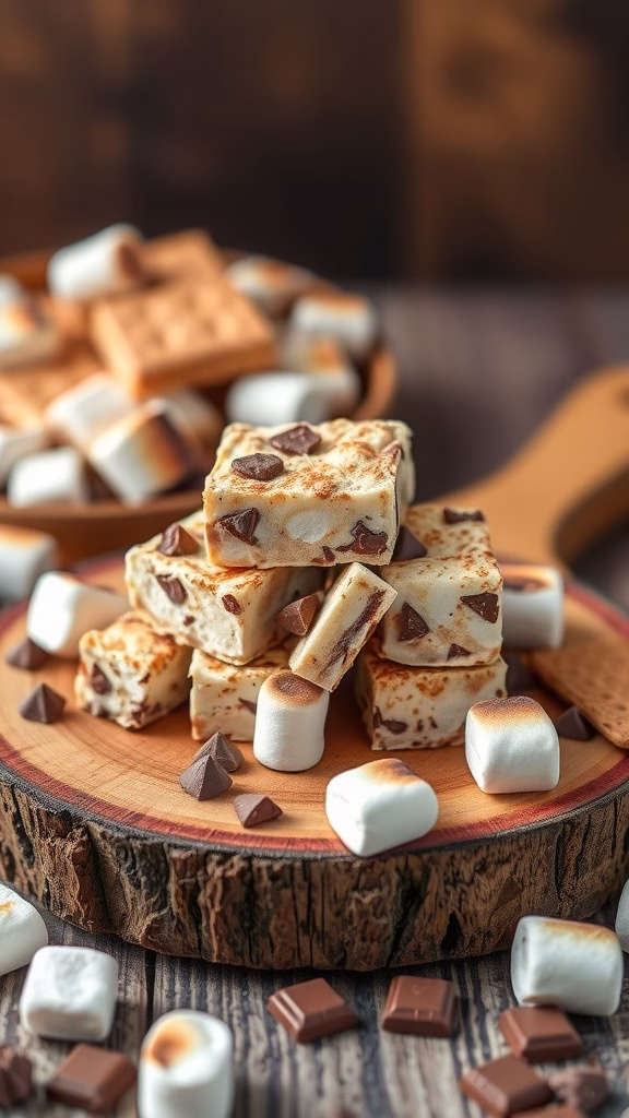 Delicious S'Mores Marshmallow Fudge with chocolate and marshmallows stacked on a wooden board.