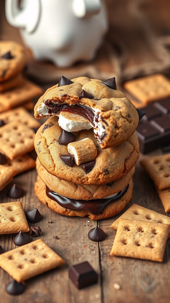 Delicious S'Mores Stuffed Chocolate Chip Cookies stacked with gooey marshmallows and chocolate.