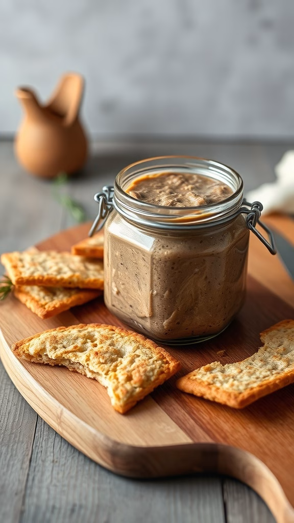 A jar of snoek pâté with homemade rusks on a wooden platter.
