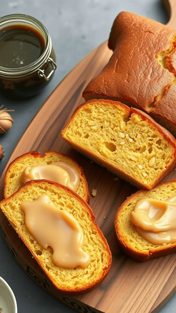 Sourdough cornbread slices with maple butter spread on a wooden board.