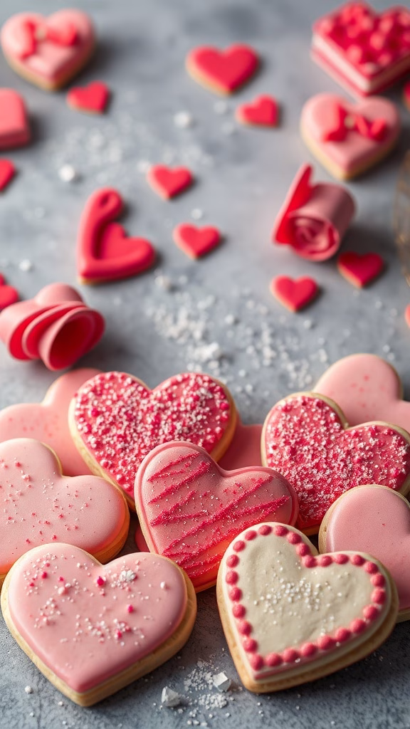Decorated heart-shaped cookies in pink and white with edible glitter.