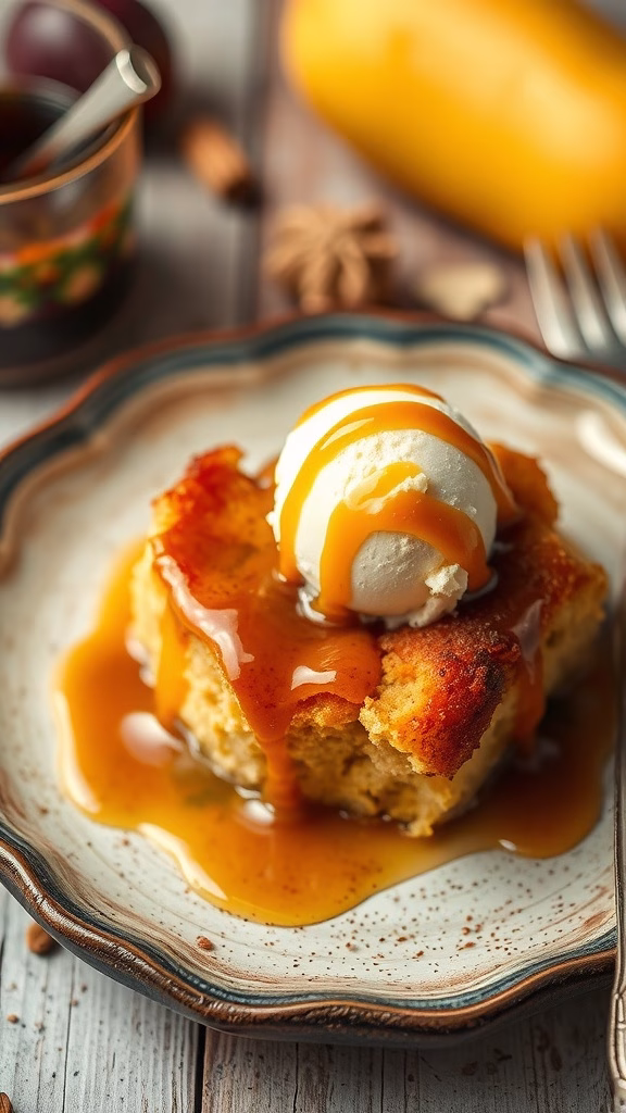 Spiced Mangosteen Bread Pudding topped with ice cream and caramel sauce