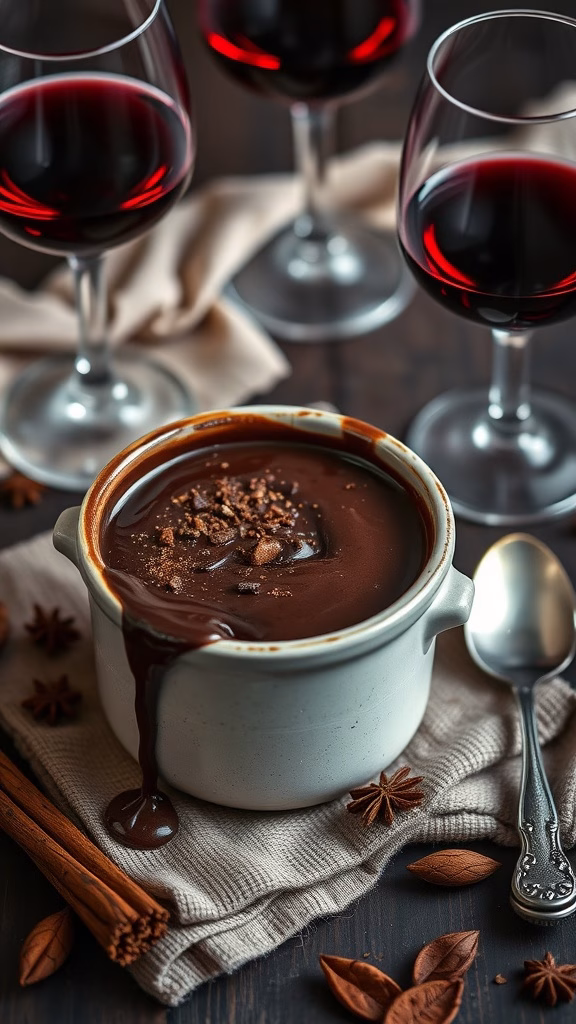 Delicious spiced molten chocolate pudding in a white ramekin with red wine glasses in the background.