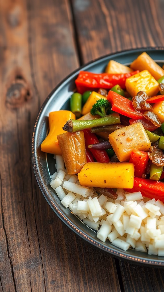 A colorful plate of spiced nungu stir-fry with assorted vegetables.