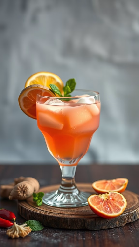 A vibrant Spicy Lychee Ginger Mocktail garnished with mint and lemon slices